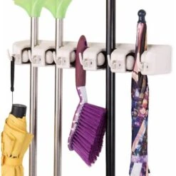 COSTWAY Portascopa Da Parete Supporto Per Spazzole A Muro Con 5 Posizioni E 6 Ganci Multiuso, Bianca