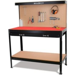 Banco Da Lavoro Porta Utensili In Metallo Con Parete E Cassetti Officina 120x60cm + 2 Cassetti E 2 Mensole Porta Utensili + Tappetino