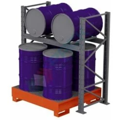 Scaffalatura Metallica Industriale Con Vasca Di Contenimento Per 6 Fusti Olio 220 Lt (4 Verticali + 2 Orizzontali), Colore Arancio RAL 2004