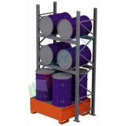 Scaffalatura Metallica Industriale Con Vasca Di Contenimento Per 8 Fusti Olio 220 Lt (4 Verticali + 4 Orizzontali), Colore Arancio RAL 2004