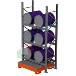 Scaffalatura Metallica Industriale Con Vasca Di Contenimento Per 6 Fusti Olio 220 Lt, In Orizzontale Su 3 Livelli, Colore Arancio RAL 2004