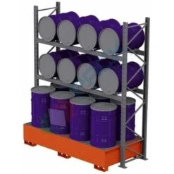Scaffalatura Metallica Industriale Con Vasca Di Contenimento Per 16 Fusti Olio 220 Lt (8 Verticali + 8 Orizzontali), Colore Arancio RAL 2004