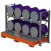 Scaffalatura Metallica Industriale Con Vasca Di Contenimento Per 8 Fusti Olio 220 Lt, In Orizzontale Su 2 Livelli, Colore Arancio RAL 2004