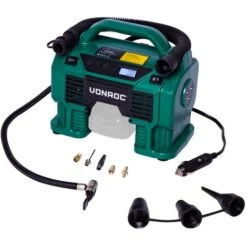 VONROC Compressore Portatile VPOWER 20V Con Presa Accendisigari 12V - 11 Bar. Include 8 Accessori. Batteria E Caricabatteria Non Inclusi