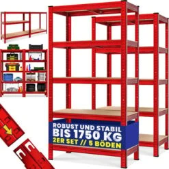 Deuba Scaffale Alta Portata 2 Pezzi Metallo Rivestito A Polvere - 180x90x40cm - Max Carico 875kg Rosso
