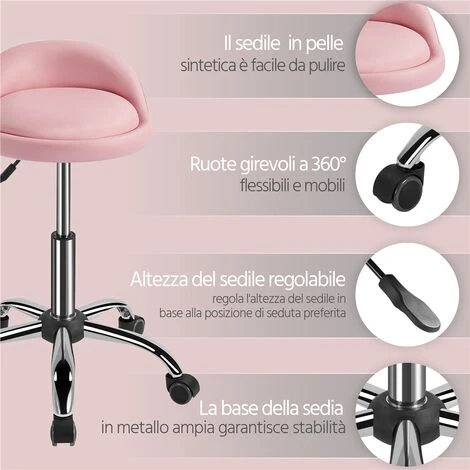 Yaheetech Sgabello Con Ruote Regolabile In Altezza Per Parrucchiere Estetista Ragazzi Studio Salone Sedia Girevole In Ecopelle E Acciaio Rosa - immagine 3