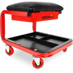 Sgabello Da Officina Meccanica Mobile Con Cassetto E Porta Attrezzi, Carico Massimo 150kg, Sedile Imbottito, Colore Rosso-nero - Greencut MSD90