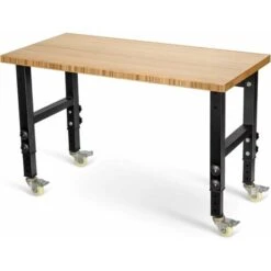Banco Da Lavoro Pieghevole, Con Piano Di Bamb¨´ E Gambe In Ferro, 4 Ruote Girevoli, Altezza Regolabile, Buona Capacit¨¤ Di Carico, Struttura Resistente, 120x60x(77-101,5) Cm (Naturale)