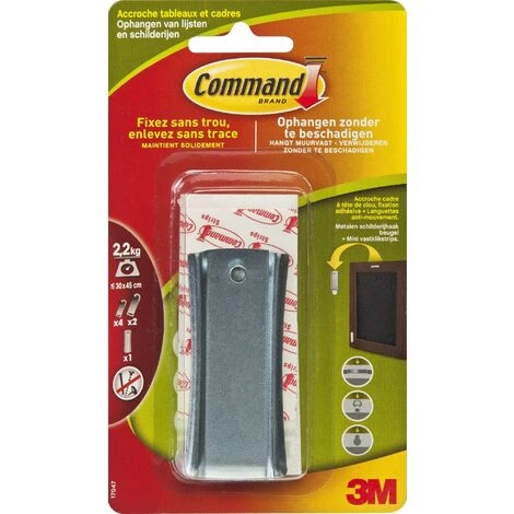 3M COMMAND 17047 - GANCIO PER APPENDERE QUADRI, IN METALLO, MISURA L, PORTATA FINO A 2,2 KG, CON 2 STRISCE ADESIVE - immagine 3