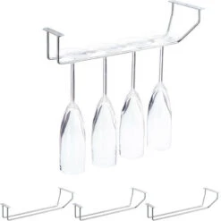 4x Porta Calici Per 4 Bicchieri, Effetto Acciaio Inox, Per Bar & Cucina, Binari Da Parete, 33,5, Argento