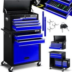 MASKO® Carrello Da Officina Con Valigetta - 9 Scomparti Chiudibili A Chiave Metallo Massiccio, Carrello Portautensili Senza Attrezzi, Carrello Porta Attrezzi Con Serratura Blau (de)