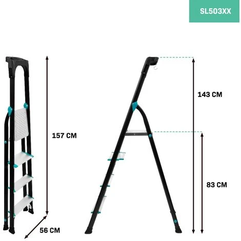 VONROC PRO Scala Domestica Pieghevole In Alluminio. 4 Gradini Antiscivolo. Altezza Aperta 1,43m. Capacità Massima 150kg - immagine 5