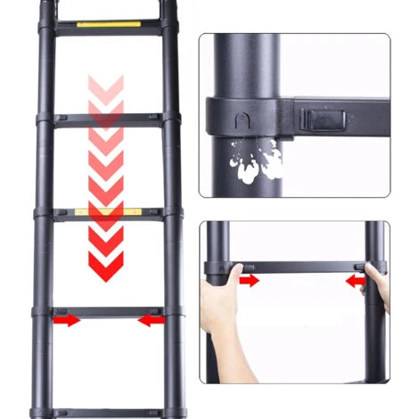 2.6M Scala Telescopica Multiuso Scala In Alluminio Con 8 Pioli Carico Massimo 150 Kg Nero, Norme EN131 - immagine 3