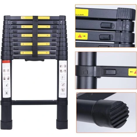 2.6M Scala Telescopica Multiuso Scala In Alluminio Con 8 Pioli Carico Massimo 150 Kg Nero, Norme EN131 - immagine 4