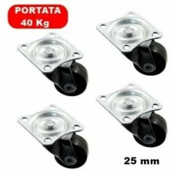 WD SET 4 MINI RUOTE IN GOMMA 25 Mm CON SUPPORTO METALLICO SU CUSCINETTO PORT. 40 Kg
