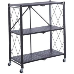 Scaffale Metallico Pieghevole Catter House Kim 84 71,5x36x84 Cm Color Nero Con Ruote E 3 Ripiani Supporta Fino A 120 Kg