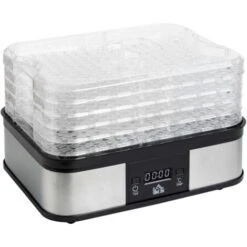HOMCOM Essiccatore Per Alimenti 245W A 5 Vassoi Con Monitor LCD, Timer E Controllo Temperatura, In Acciaio Inox, PS E ABS, 32x25x29cm, Argento