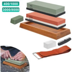 Hengda Set Di Pietre Per Affilare Su Due Lati Con Grana 400/1000 3000/8000 Con Base In Bambù Antiscivolo E Guida Angolare Libera