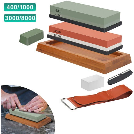 Hengda Set Di Pietre Per Affilare Su Due Lati Con Grana 400/1000 3000/8000 Con Base In Bambù Antiscivolo E Guida Angolare Libera