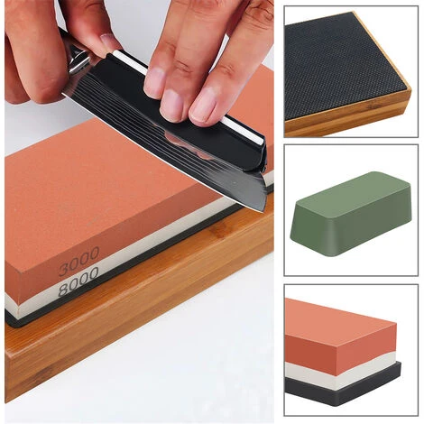 Hengda Set Di Pietre Per Affilare Su Due Lati Con Grana 400/1000 3000/8000 Con Base In Bambù Antiscivolo E Guida Angolare Libera - immagine 3