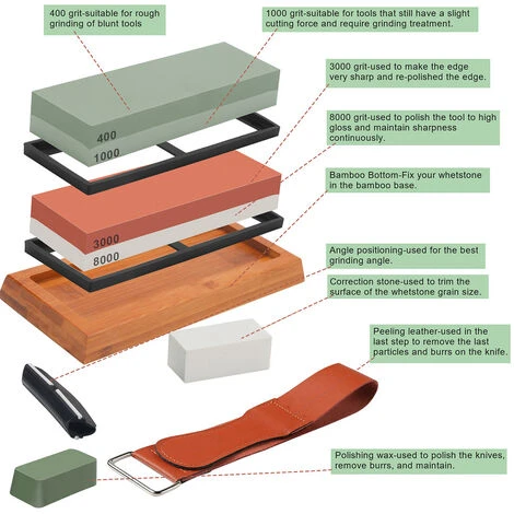 Hengda Set Di Pietre Per Affilare Su Due Lati Con Grana 400/1000 3000/8000 Con Base In Bambù Antiscivolo E Guida Angolare Libera - immagine 4