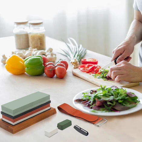 Hengda Set Di Pietre Per Affilare Su Due Lati Con Grana 400/1000 3000/8000 Con Base In Bambù Antiscivolo E Guida Angolare Libera - immagine 5