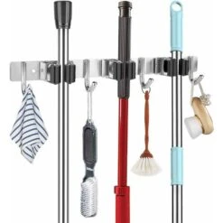MINKUROW Portautensili In Acciaio Inox, Porta Scopa A Parete Con 3 Fessure E 4 Ganci, Porta Scopa A Parete Per Casa, Cucina, Bagno, Garage, Giardino