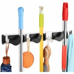 MINKUROW Scaffale Portaoggetti Da Parete, Porta Mop Multifunzione, Porta Scopa A Parete, Organizer Da Parete Scaffale Porta Attrezzi Da Giardinaggio Portaoggetti Garage (3 Posizioni 4 Ganci)