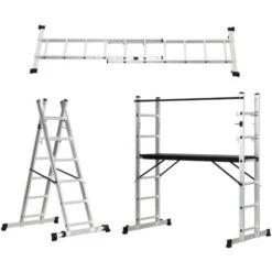 DURHAND Scala In Alluminio E Legno Di Pioppo Con Design 3 In 1, Trabattello Ad Altezza Regolabile, Carico Massimo 150kg