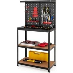 COSTWAY Banco Da Lavoro, In Metallo E MDF, Con 3 Ripiani, 13 Accessori Da Appendere, 80,5 X 41x 155cm, Per Garage, Casa, Officina E Magazzino