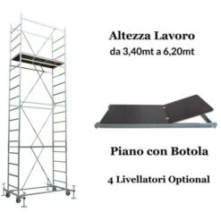 Ponteggio Trabattello Acciaio Zincato Altezza Lavoro Da 3.40 A 6.20 Ruote 12cm Altezza Lavoro: 340