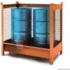 Vasca Di Contenimento Liquidi In Acciaio, Con Pareti In Rete, Ideale Per 2 Fusti 200 Lt, Mis. 1350 L X 860 P X 1460 H Mm, Colore Arancio RAL 2004