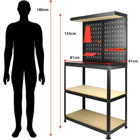 Banco Da Lavoro Banco Per Utensili Con Cassetto E Parete Perforata, Banco Da Lavoro Portata Del Banco Da Lavoro 100 Kg, 81 X 41 X 155cm HENGMEI - immagine 2