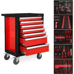 EBERTH Carrello Officina Rosso Incl. Utensili (7 Cassetti Con Cuscinetti A Sfera, 5 Cassetti Con Attrezzi, Bloccabili, 2 Ruote Girevoli, Freno Di Stazionamento, Rivestito A Polvere)