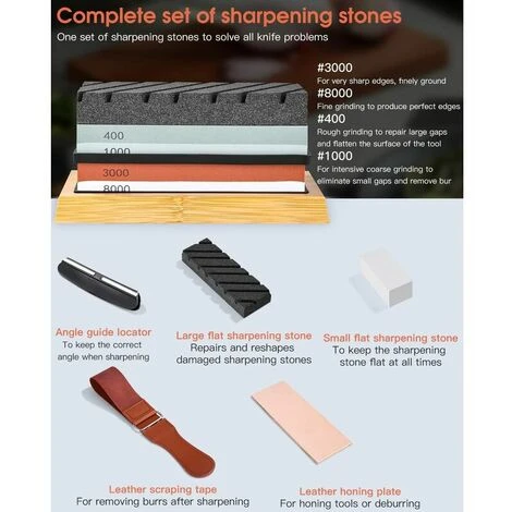 Set Cote, Double-face, Grana 400/1000 E 3000/8000 Cote Professionale Con Base In Bambù Antiscivolo, Pietra Levigante, Guida Angolata E Cinturino In Pelle - immagine 2