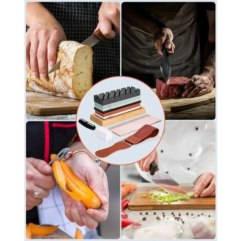 Set Cote, Double-face, Grana 400/1000 E 3000/8000 Cote Professionale Con Base In Bambù Antiscivolo, Pietra Levigante, Guida Angolata E Cinturino In Pelle - immagine 4