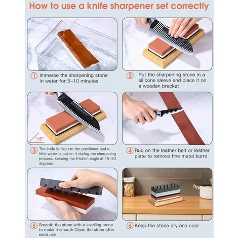 Set Cote, Double-face, Grana 400/1000 E 3000/8000 Cote Professionale Con Base In Bambù Antiscivolo, Pietra Levigante, Guida Angolata E Cinturino In Pelle - immagine 5