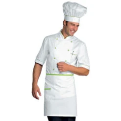 Giacca Da Cuoco Bianca A Maniche Corte Di Isacco Alicante Con Rifiniture Verdi Bianco / Verde M