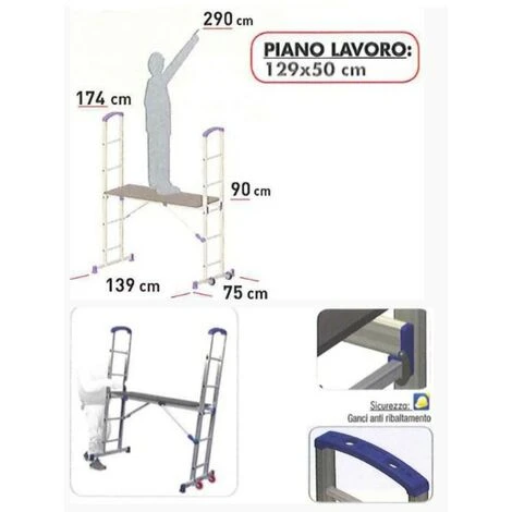 Ponteggio Mobile 2.9 M Scala Trabattello In Alluminio Ruote Facal Zoppo Edilizia - immagine 4
