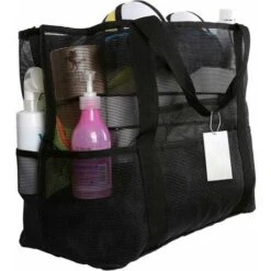 Borsa Da Spiaggia In Rete Con Cerniera 70x45x18cm Grande Borsa Da Spiaggia Pieghevole Anti-sabbia Borsa Portaoggetti Per Vestiti, Giocattoli, Asciugamani, Palestra, Piscina, Viaggi (nero)