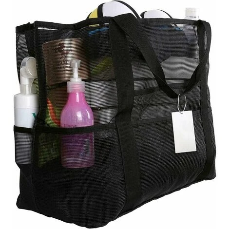 Borsa Da Spiaggia In Rete Con Cerniera 70x45x18cm Grande Borsa Da Spiaggia Pieghevole Anti-sabbia Borsa Portaoggetti Per Vestiti, Giocattoli, Asciugamani, Palestra, Piscina, Viaggi (nero)