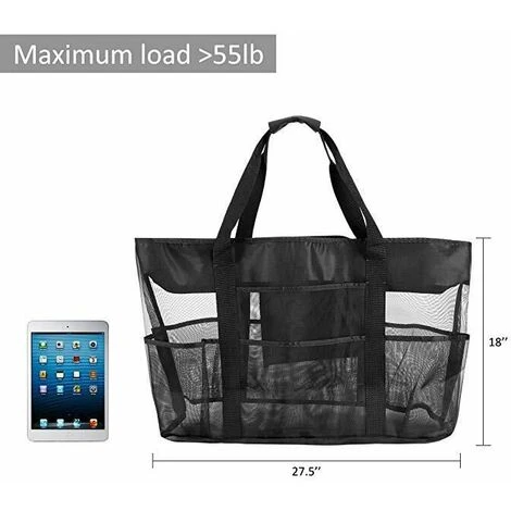Borsa Da Spiaggia In Rete Con Cerniera 70x45x18cm Grande Borsa Da Spiaggia Pieghevole Anti-sabbia Borsa Portaoggetti Per Vestiti, Giocattoli, Asciugamani, Palestra, Piscina, Viaggi (nero) - immagine 3