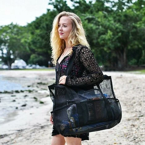 Borsa Da Spiaggia In Rete Con Cerniera 70x45x18cm Grande Borsa Da Spiaggia Pieghevole Anti-sabbia Borsa Portaoggetti Per Vestiti, Giocattoli, Asciugamani, Palestra, Piscina, Viaggi (nero) - immagine 5
