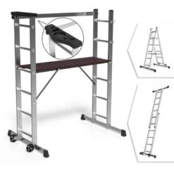 VOUNOT Scala Alluminio Multifunzione 3 In 1, Ponteggio Trabattello Piattaforma Da Lavoro Con Ruote, Portata 150 Kg