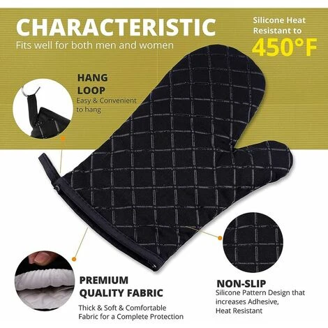 Guanti Da Forno In Silicone Antiscivolo Resistenti Al Calore A Doppia Faccia Per Grigliare/cucinare/cottura Al Forno/barbecue - 1 Paio, Nero - immagine 2