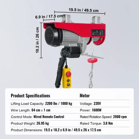 VEVOR Paranco A Leva Elettrico 1600 W Carico Max. 1000 Kg Altezza Di Sollevamento 12 M Motore Rame Puro Con Telecomando, Paranco Elettrico A Leva Per Sollevamento Carico Velocità 10 M/min Da Garage - immagine 2