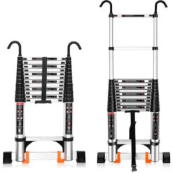 Scala Telescopica 3,8m Scaletta In Alluminio Con Barra Stabilizzatrice E Gancio Staccabile Scala Multifunzione Carico Massimo 150kg